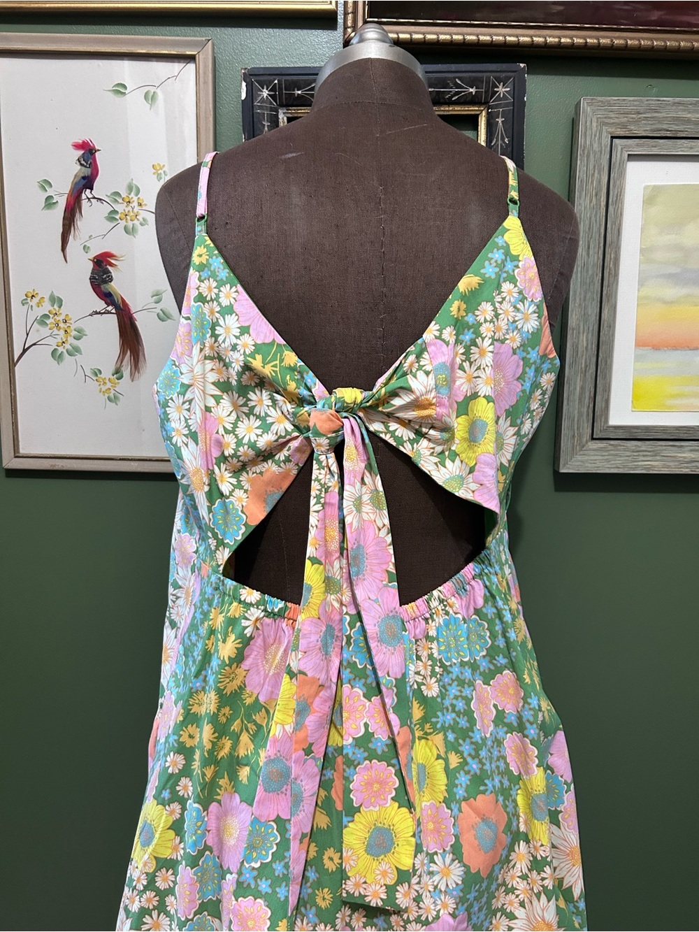 Green Floral Maxi Dress with Pastel Blooms and pockets! - Picture 6 of 7
